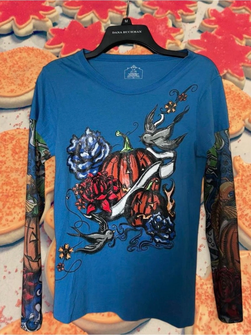 Dana Buchman ed hardy style tattoo sleeve halloween Pumpkin Graphic Top y2k